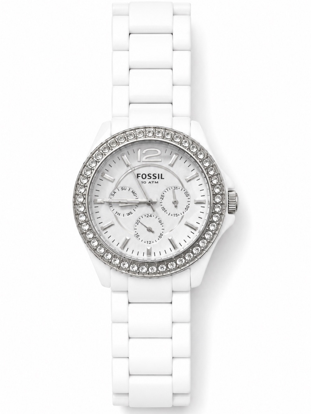 Fossil White Ceramic Crystal Bezel Watch 10 ATM Women’s Chronograph